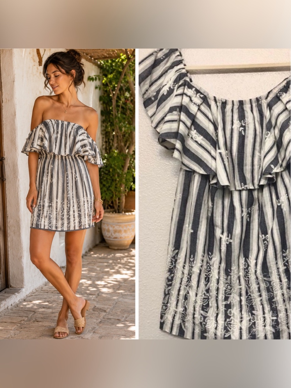 MISA Los Angeles Off Shoulder embroidered Cotton Dress coastal resort M